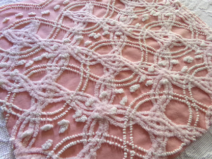 rosy pink vintage chenille fabric, infinity tuft & pearl pops design, 21" x 22" piece of sewing quilt material