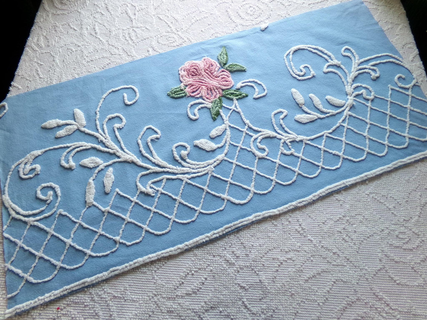 shabby cottage rose vintage chenille fabric, blue white floral sewing material, 15" x 30" piece