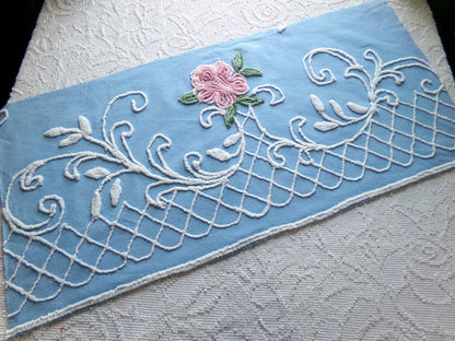 shabby cottage rose vintage chenille fabric, blue white floral sewing material, 15" x 30" piece