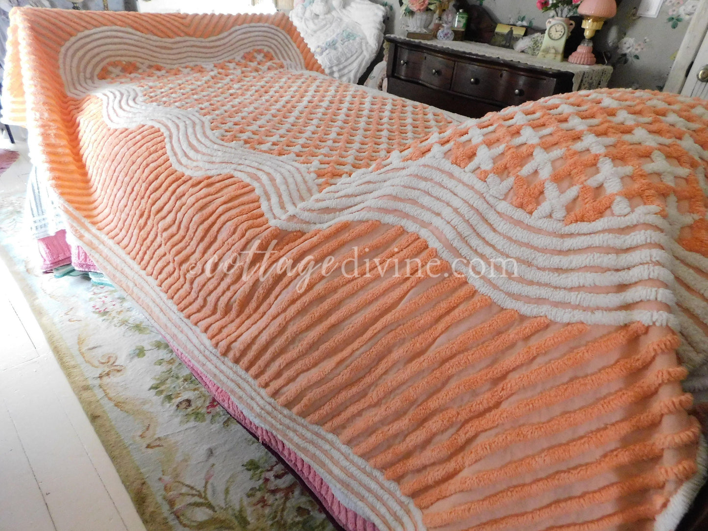 Peach Creamsicle Vintage Chenille Bedspread, 100% Plush Cotton, Twin Size Cotton Bedding