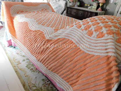 Peach Creamsicle Vintage Chenille Bedspread, 100% Plush Cotton, Twin Size Cotton Bedding