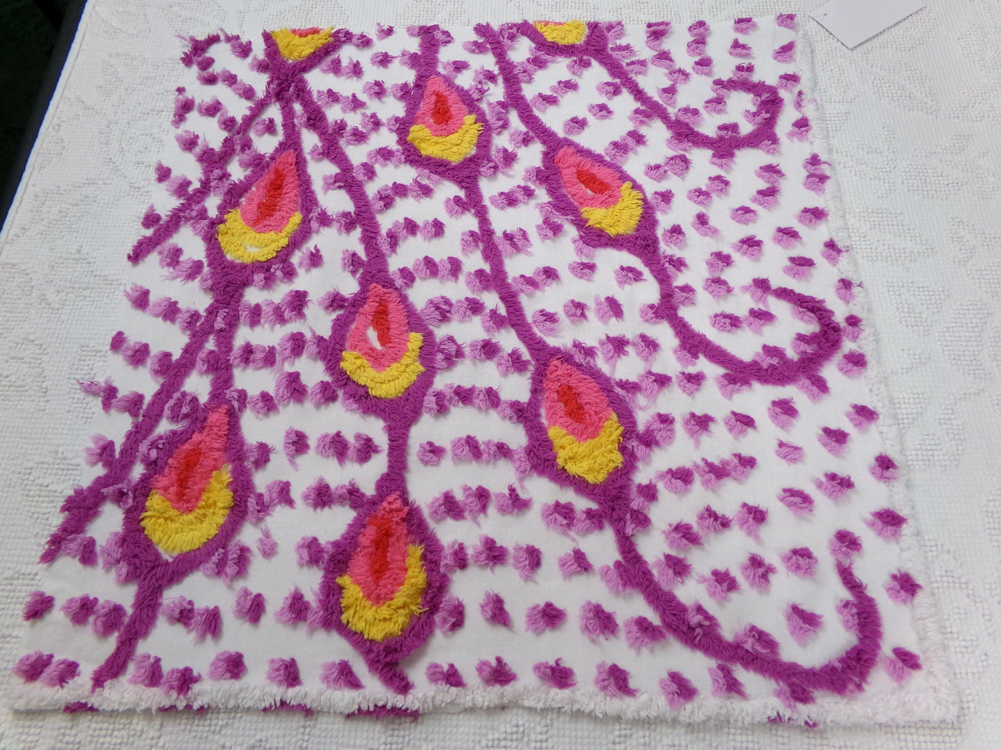 bold dimensional peacock feathers vintage chenille bedspread fabric 20" x 20"