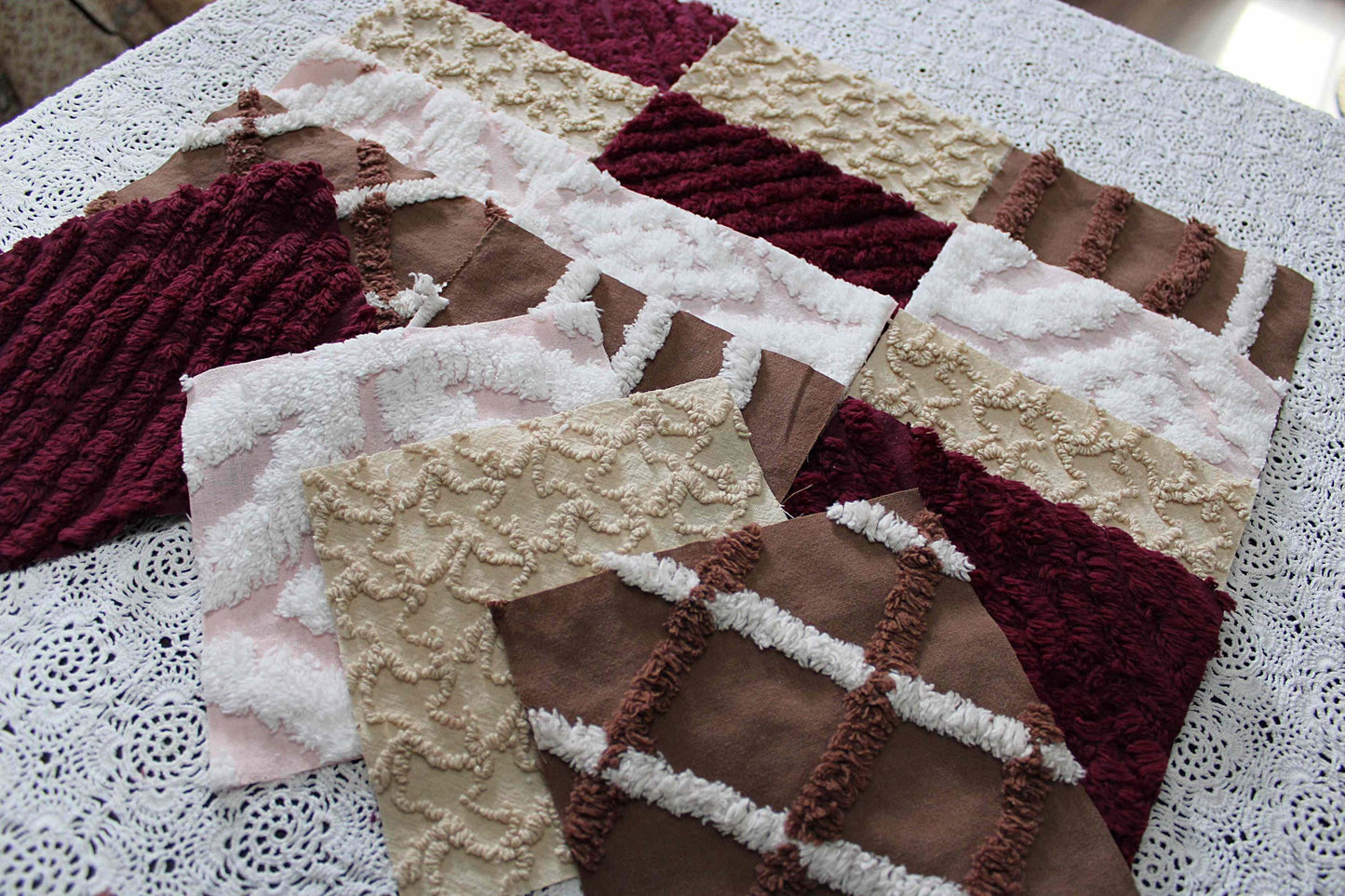 chocolate berry vintage chenille fabric squares, 16 quilt blocks, 6" inches ea, great shades of brown, merlot, mocha, white