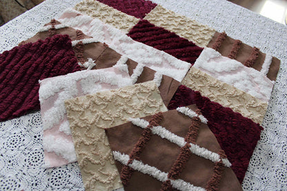 chocolate berry vintage chenille fabric squares, 16 quilt blocks, 6" inches ea, great shades of brown, merlot, mocha, white