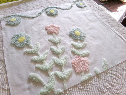 pastel floral tufted fabric, cut from a vintage style chenille bedspread, 20" x 23" piece