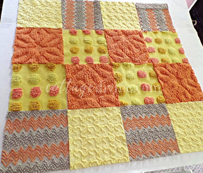 retro hippie daze chenille fabric squares, set of 16 vintage 6" x 6" inch quilt blocks for crafts, sewing, fiber arts
