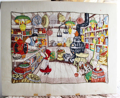 Old-Fashioned Country Store Crewel Embroidery Piece, "Penny Candy" Completed Stitchery, Vintage Paragon Needlecraft, Outstanding Needlework