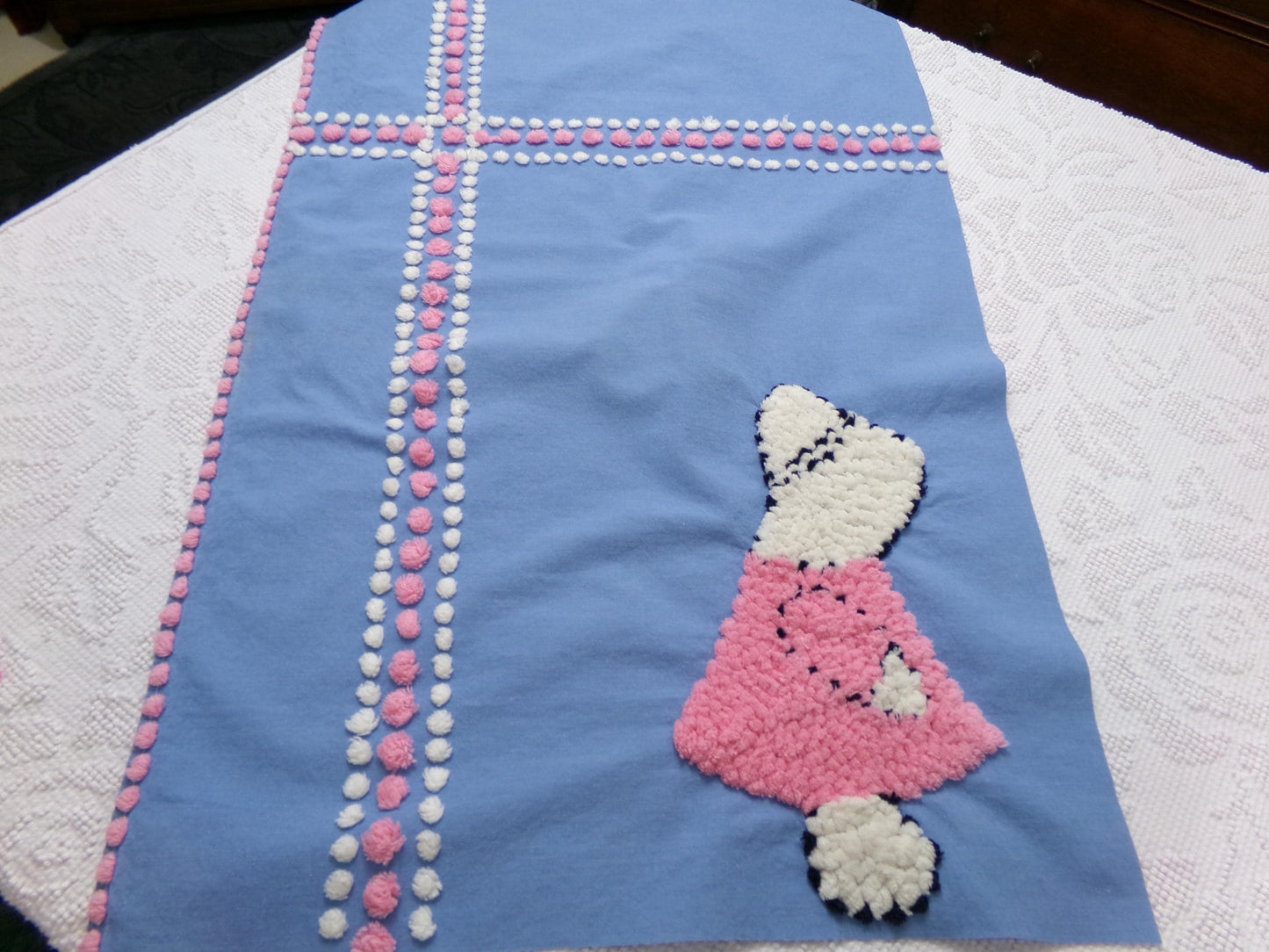 sunbonnet girl vintage chenille bedspread fabric, pink & blue sewing material, 17" x 29"