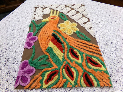 peacock vintage chenille bedspread fabric boho bird brown orange 14x21" small piece