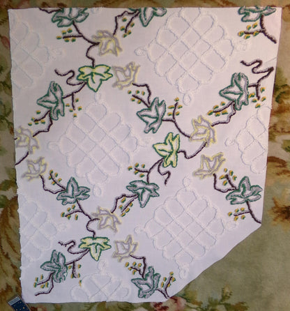 rambling ivy vintage chenille fabric, 21" x 24" irregular cut piece, unique tufted leaf design on antique white, great in pillows, quilts