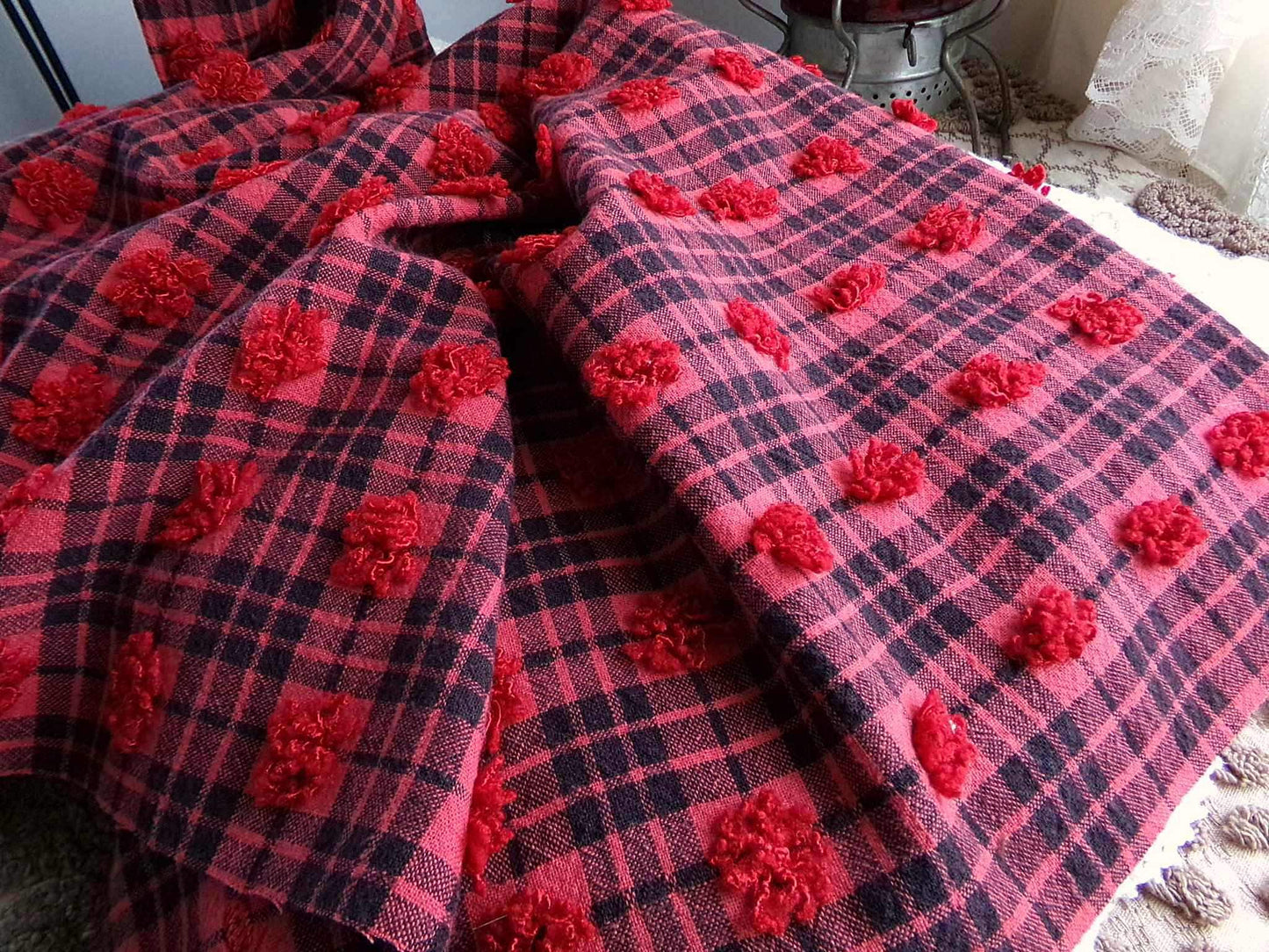 Midnight Black Tartan Plaid Vintage Chenille Bedspread Fabric, Tufted Deep Red Dots, 18" x 24" inch Piece, Lightweight Quilt Material