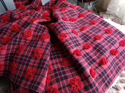 Midnight Black Tartan Plaid Vintage Chenille Bedspread Fabric, Tufted Deep Red Dots, 18" x 24" inch Piece, Lightweight Quilt Material
