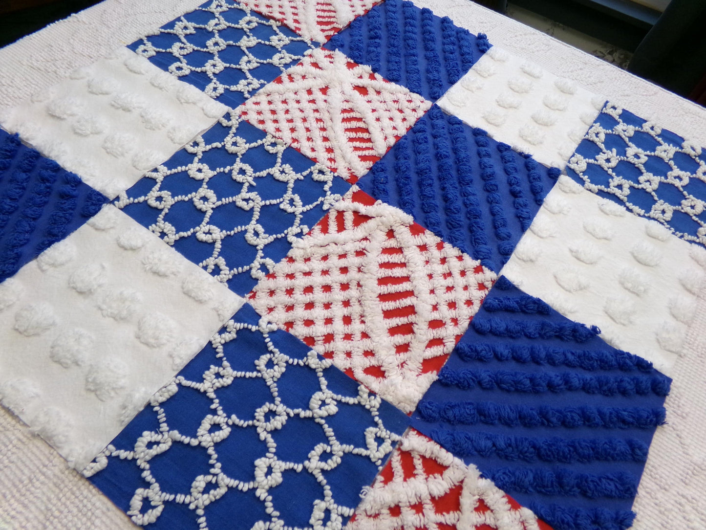 America Vintage Chenille Fabric Squares, 16 Red, White & Blue 6" Quilt Blocks