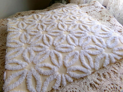 Vintage Chenille Fabric Piece, Gentle Golden Yellow & White Daisy, 24" x 20" inches, Pretty in Quilts, Pillows, Doll Blankets