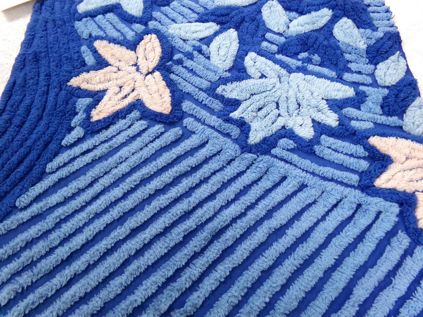 mystical blue vintage chenille bedspread fabric, plush lux star lily florals, 18" x 22" piece