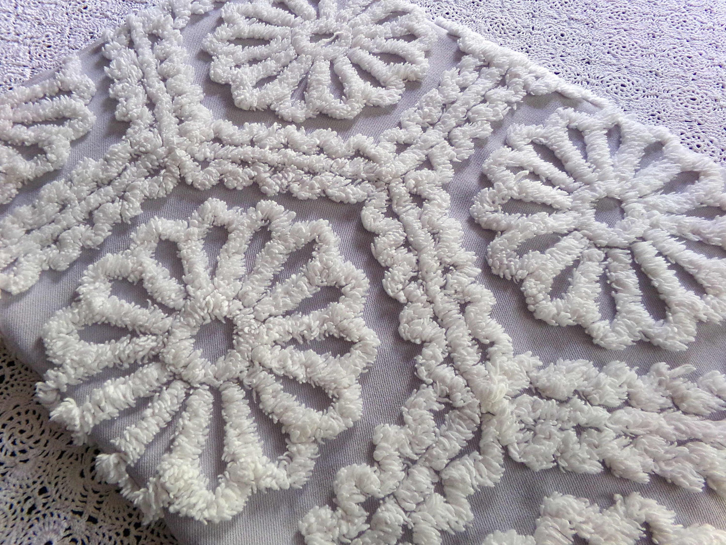 lavender mist cottage style chenille fabric, plush white ruffle daisies, 17" x 26" piece of vintage sewing material for quilting, fiber arts