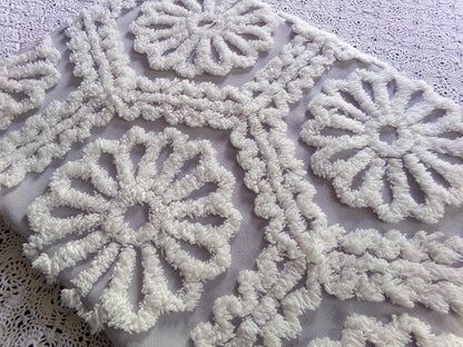 lavender mist cottage style chenille fabric, plush white ruffle daisies, 17" x 26" piece of vintage sewing material for quilting, fiber arts