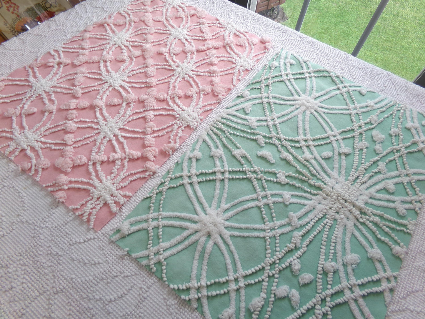 Vintage Chenille Fabric Set in Jade Green & Rose Pink, 2 Piece Bundle 12" x 18" each | Stash Builder for Fiber Arts, Quilting