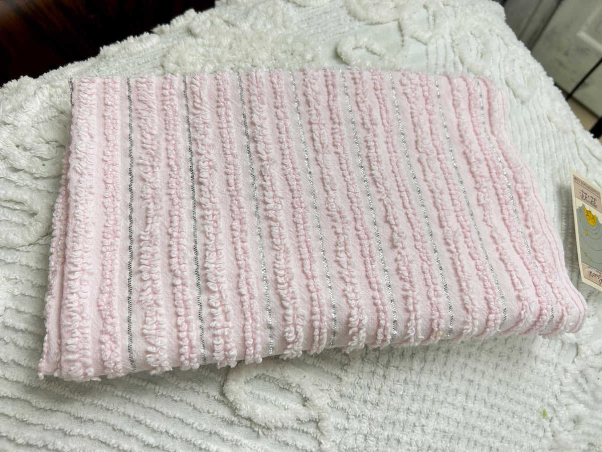 Light Pink Vintage Chenille Fabric, Silver Shimmer Stripes, 22x24"