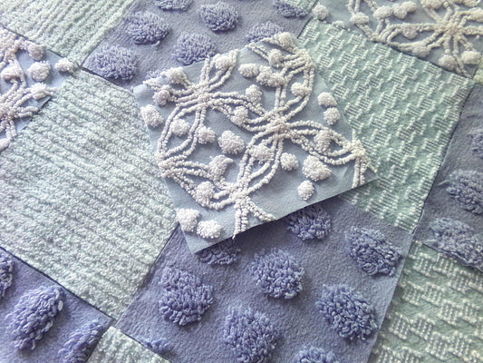 Spa Day Chenille Fabric Squares Set, 16 Vintage Quilt Blocks, 6" inch in Blue, Cool Aqua & White