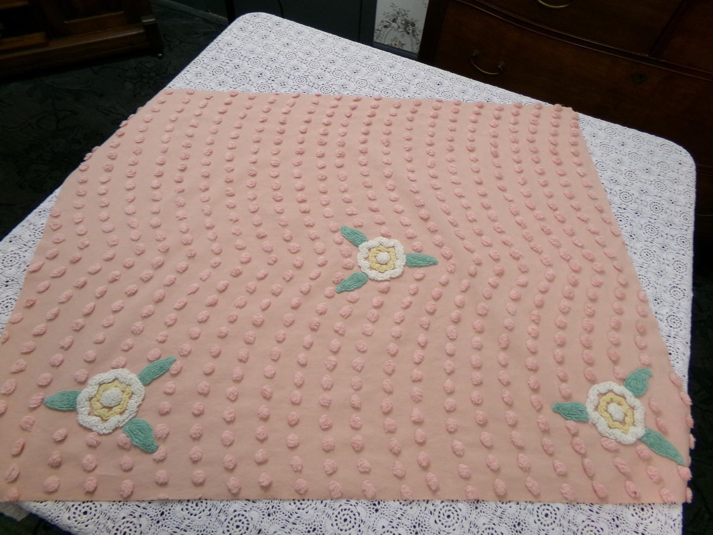 Vintage Cotton Chenille Fabric Peach Dot Floral Accents 23 x 30" Shabby Chic