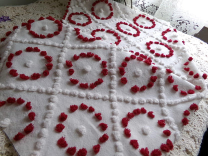 vintage chenille bedspread fabric, upcycle sewing quilt material ruby red circles & white diamonds, 20" x 25"