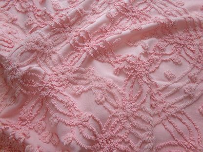 bubblegum pink vintage chenille bedspread fabric, geometric design, 18" x 24"