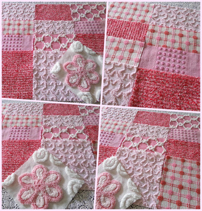 Pink *Strawberry Shortcake* Colors Vintage Chenille Fabric Squares, Set of 17 Adorable 6" Quilt Blocks for Quilting, Sewing