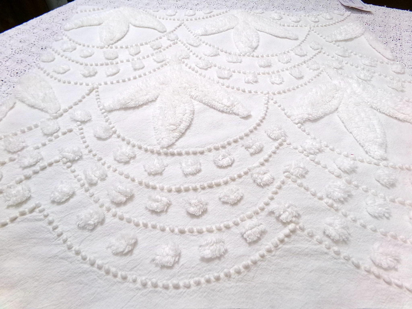 Dainty Vintage Chenille Fabric, Creamy Botanical Leaf Pearl Dots, 20x20" Piece