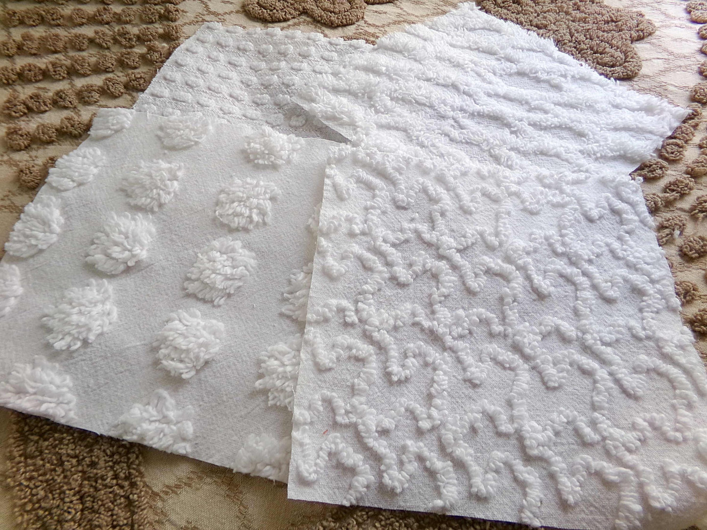 Silent Snowfall Vintage Chenille Fabric Squares, Set of 16 White 6" Cotton Chenille Quilt Blocks for crafting, sewing