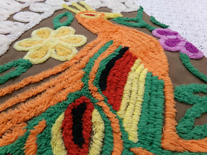 boho peacock vintage chenille bedspread fabric exotic bird brown orange 13x21" small piece