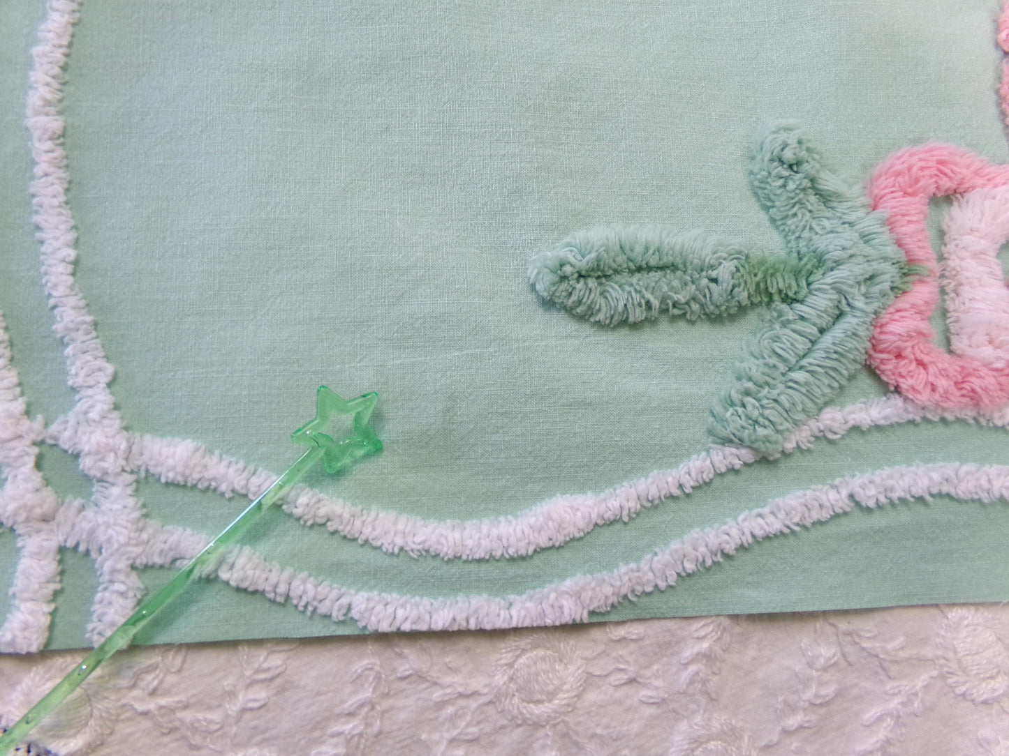 Shabby Soothing Green Vintage Chenille Fabric, Pink Rose Florals, 20 x 27"
