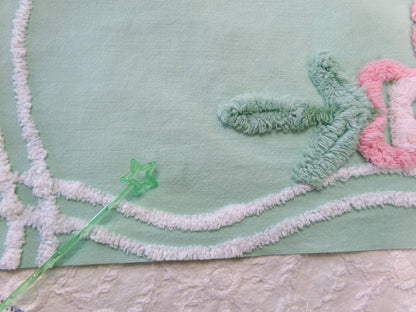 Shabby Soothing Green Vintage Chenille Fabric, Pink Rose Florals, 20 x 27"
