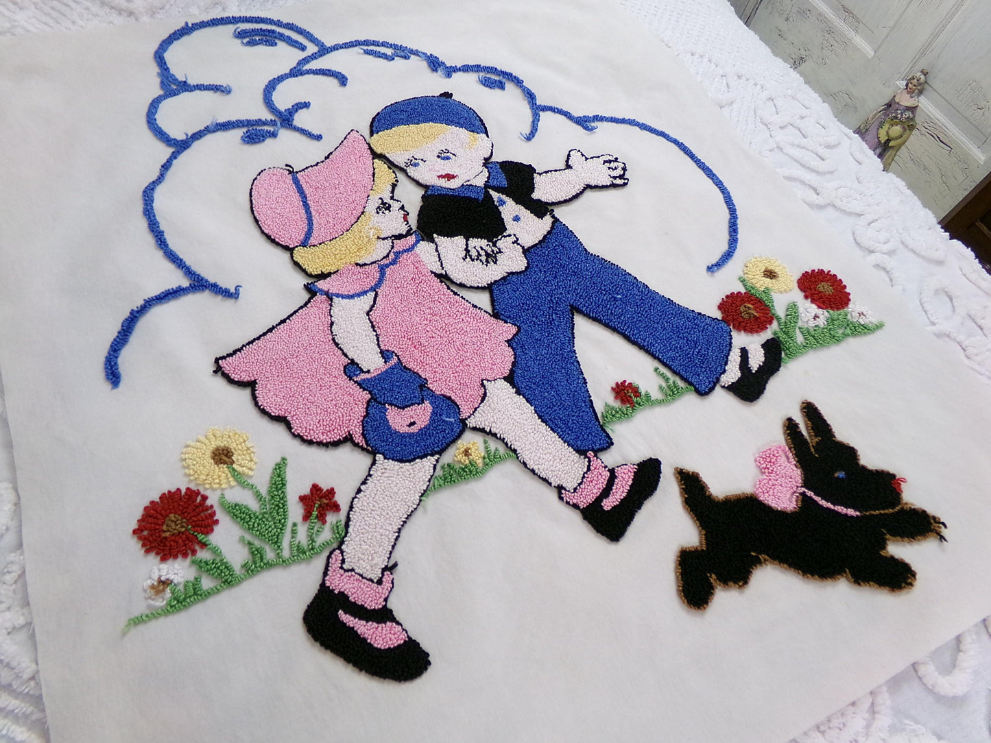 whimsical vintage chenille fabric panel: jack & jill storybook cute kids w/ scotty dog, 22" x 26" piece