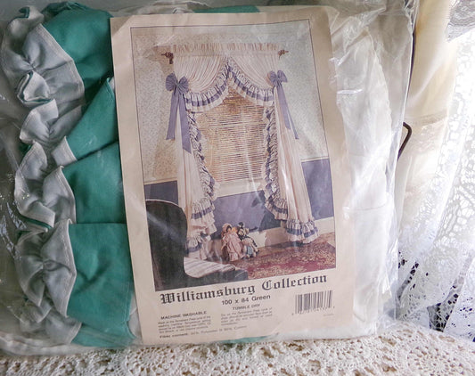 Farmhouse Style Priscilla Curtain Panels Pair, Cream & GREEN Trim, Bow Tiebacks, NOS Vintage Window Curtains, 84" L, Williamsburg Collection
