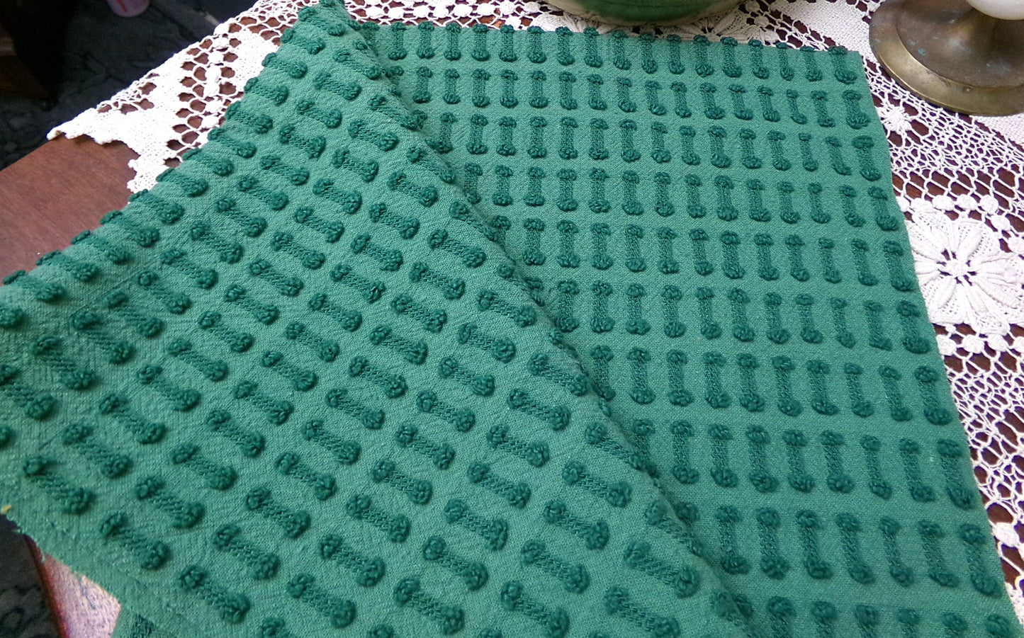 Vintage Green Chenille Fabric Textured Evergreen Cotton Quilting Crafts Upcycle Boho 18" x 24"