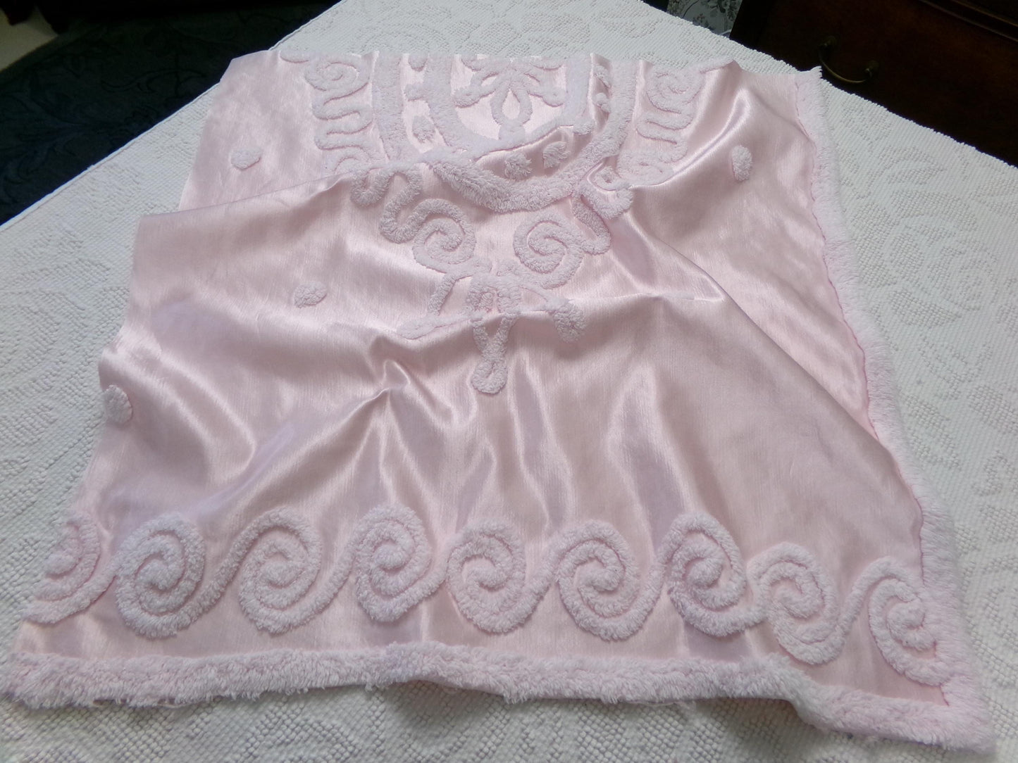Vintage Pink Satin Chenille Fabric, Shabby Chic Sewing Material 23" x 22" Piece
