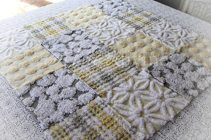 vintage chenille quilt squares, sunshine through clouds, set of 16 grey, white & yellow 6" geometric quilt blocks