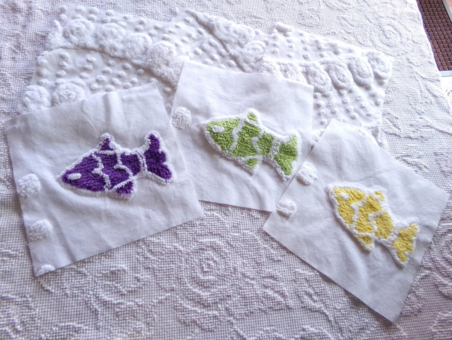 school of fish chenille fabric squares, set of 6 large 9.5" square quilt blocks, fun fishies & plush white swirl dots