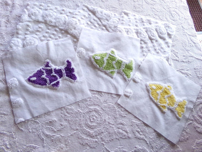 school of fish chenille fabric squares, set of 6 large 9.5" square quilt blocks, fun fishies & plush white swirl dots