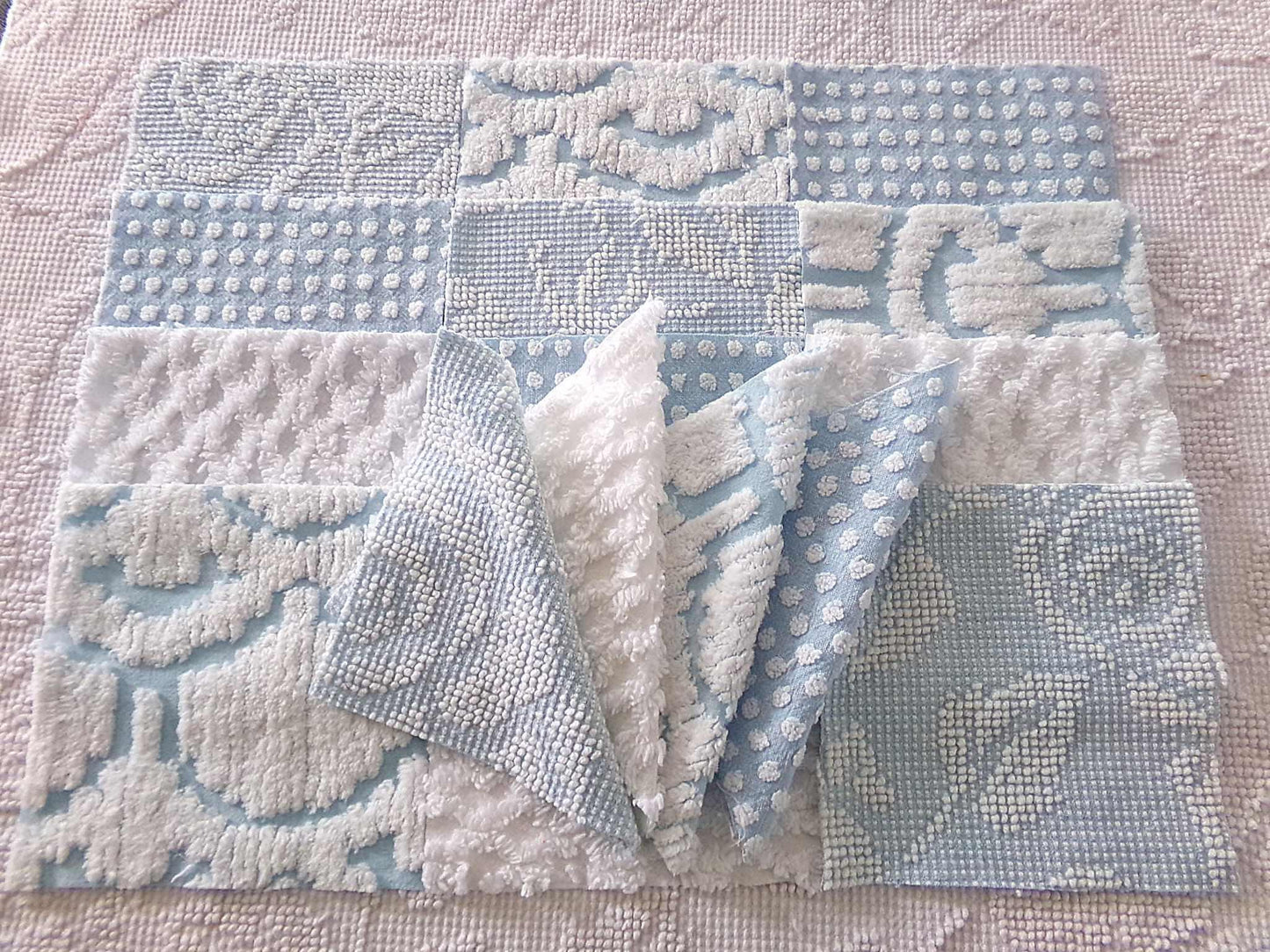 seaside chill chenille fabric squares, 16 vintage blue & white quilt blocks 6" x 6" inch, for pillows, quilting, crafts