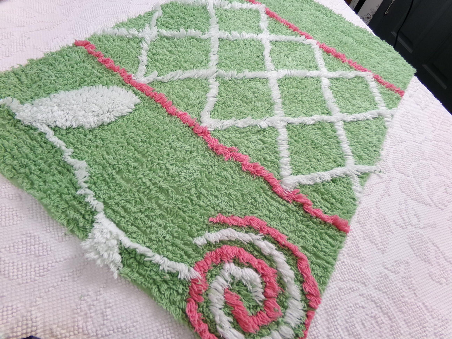 Pink Lollipop Vintage Style Chenille Fabric, terrytuft apple green sewing craft quilt material, 17" x 28" piece