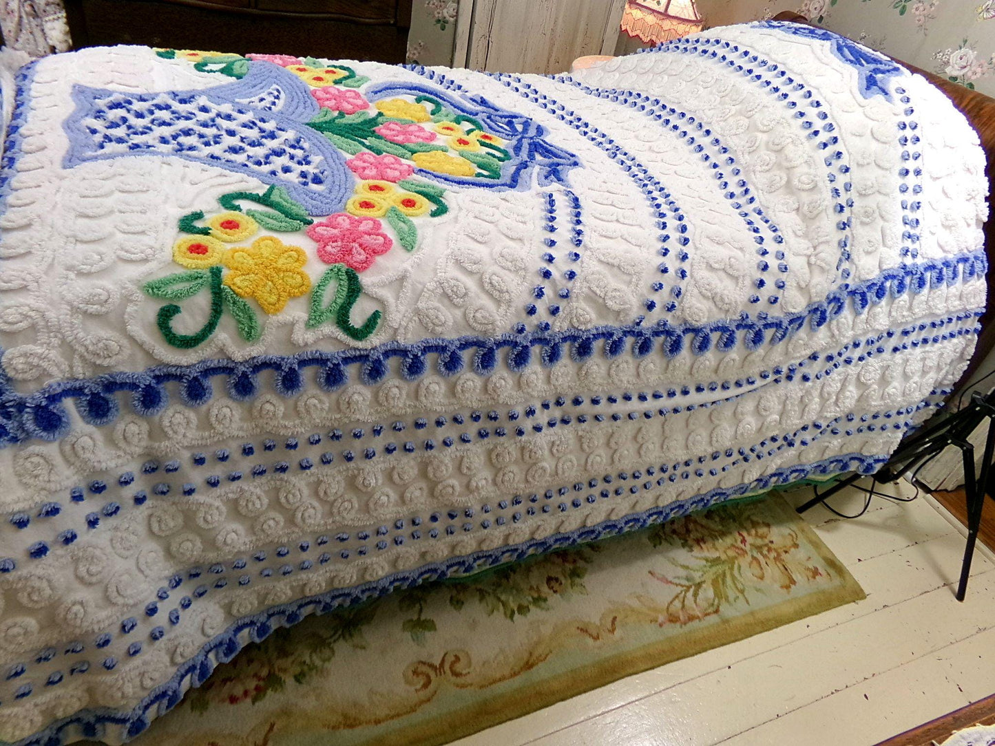 bring me joy vintage chenille bedspread, colorful sprawling blue flower basket on white, retro cottage style full size cotton bedding