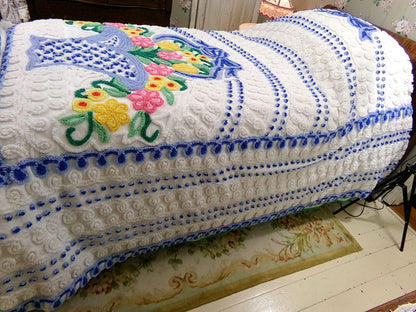 bring me joy vintage chenille bedspread, colorful sprawling blue flower basket on white, retro cottage style full size cotton bedding