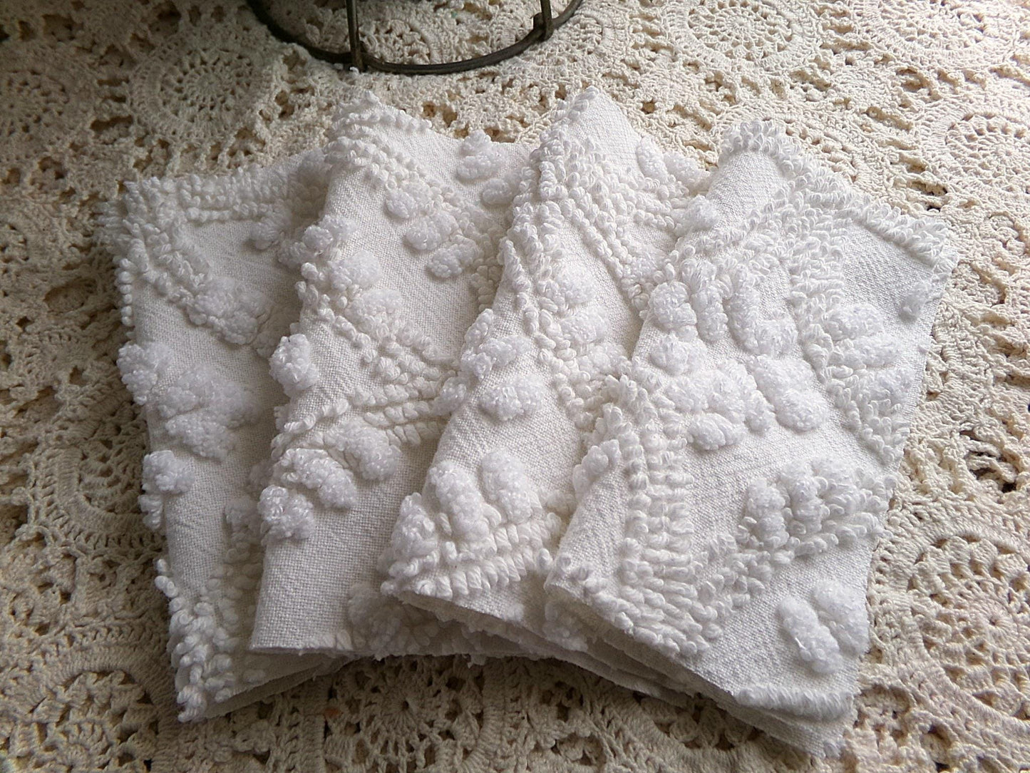 heirloom quality chenille fabric squares, set of 12 vintage 6" quilt blocks in elegant antique cream tufted geometric design