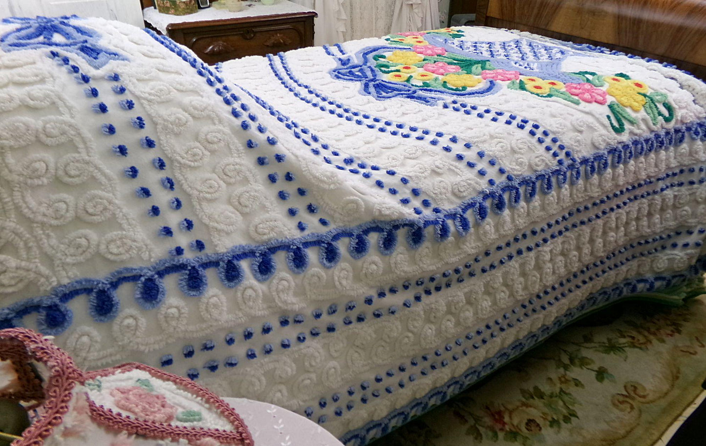 bring me joy vintage chenille bedspread, colorful sprawling blue flower basket on white, retro cottage style full size cotton bedding