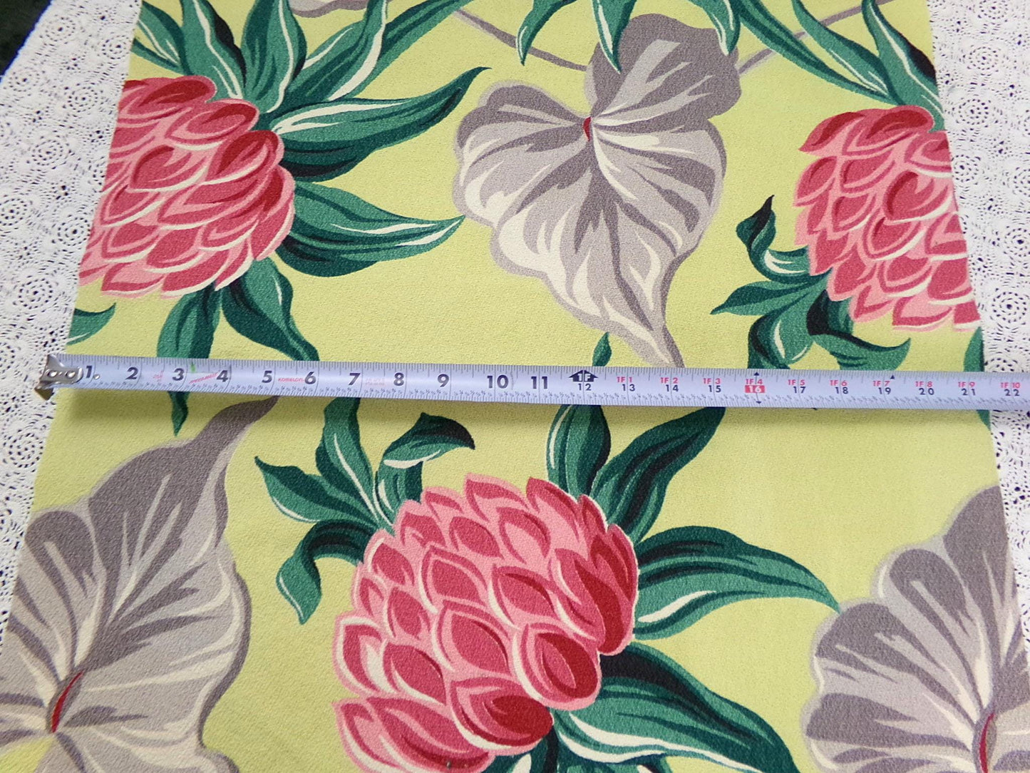 Vintage Barkcloth Fabric, Bold Pink Ginger Bloom Florals, Gray Tropical Elephant Ears 21" x40"