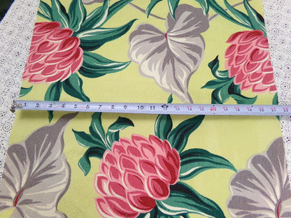 Vintage Barkcloth Fabric, Bold Pink Ginger Bloom Florals, Gray Tropical Elephant Ears 21" x40"