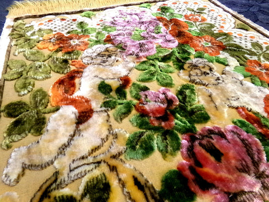 Vintage Cut Velvet Shadowy Cherub Floral Tapestry Panel Fringed Angel Wall Hanging or Rug 26"x46"