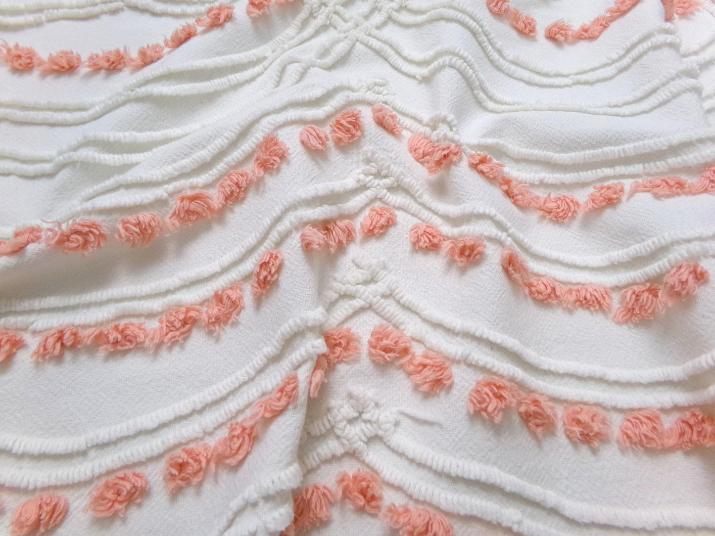 Peach Dot Swags Vintage Chenille Bedspread Fabric, White Cotton Sewing Material, 15" x 30"